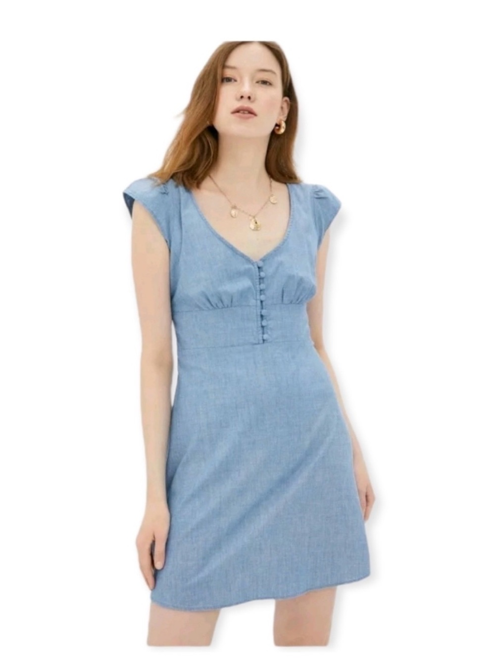 Banana Republic Chambray Light Blue V-Neck Cap Sleeve Mini Dress
